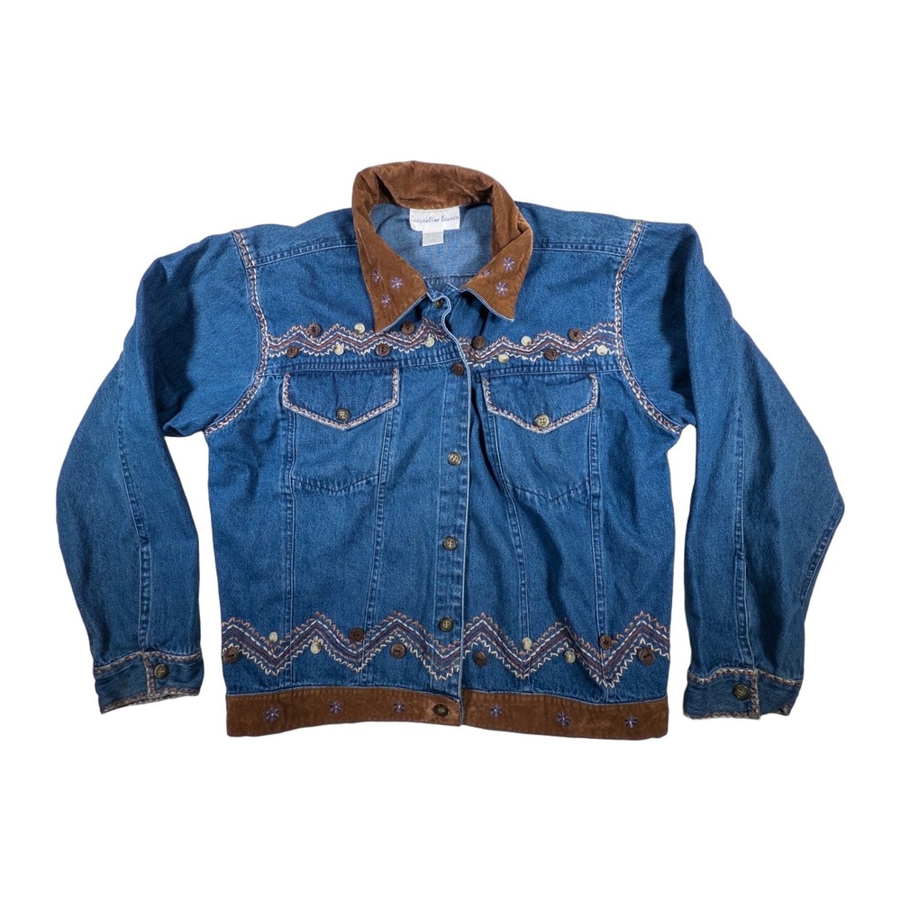 Jacqueline‎ Lauren Women's Medium Denim Jacket Embroidered Brown Suede Trim